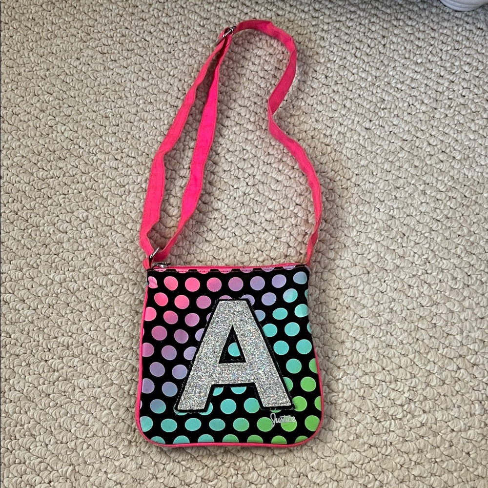 Justice Black Bag with Glittery 'A' and Pink Strap